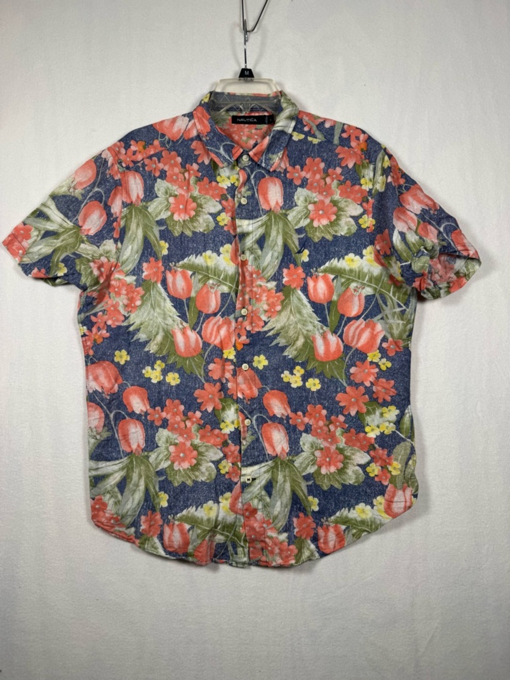 Nautica Blue Floral Short-Sleeve Button-Down with Coral & Green Accents